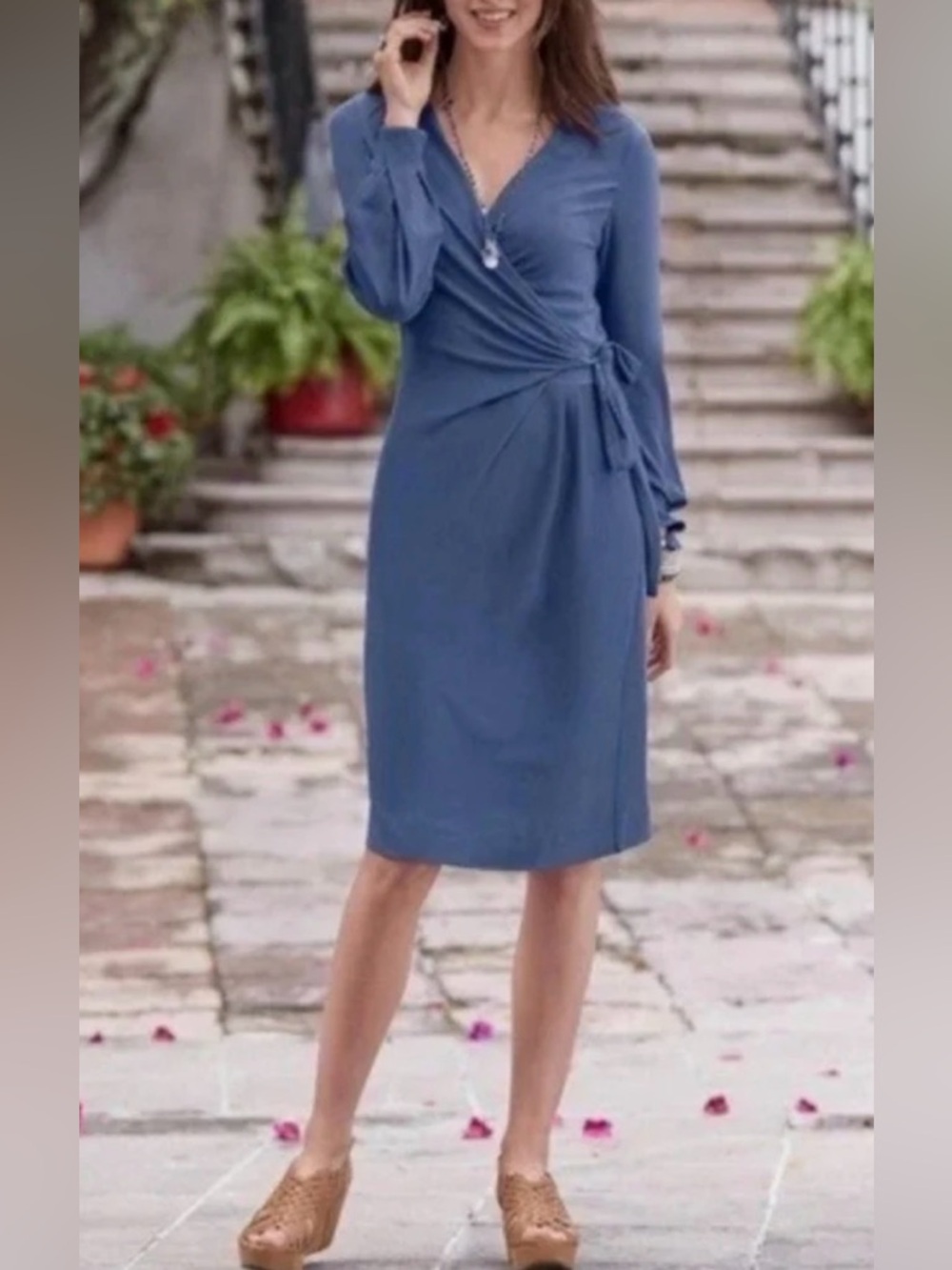 Sundance Blue Always Right Faux Wrap Knit Dress Women Medium Petite Modal Soft